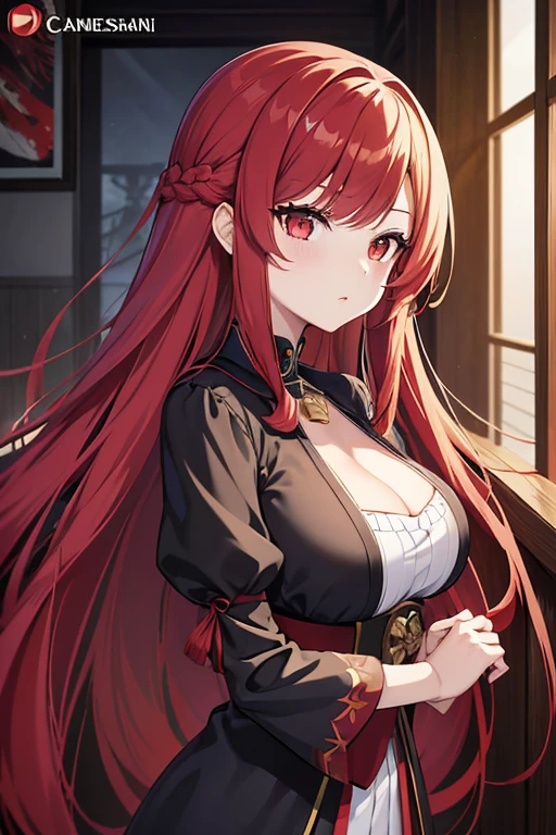 Anime girl with long red hair and black dress, Portraits by Camagle, pixiv, shin hanga, Kushart Krenz Key Art Feminine, ayaka genshin impact, official character art, From the Azur Lane video game, marin kitagawa fanart, Shalltear Bloodfallen, Complete portrait of an elementalist, April rendering