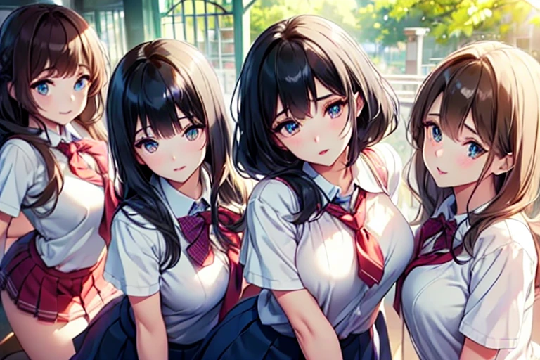 5+girls,cowboyshot,pov,beautiful detailed eyes, detailed lips, long eyelashes, bright and vibrant colors, natural lighting,(best quality, 4k, highres), ultra-detailed, soft and smooth texture, no distractions, dreamlike sensation, slight bokeh effect,highlighting her figure,deformed and independented breasts,schooluniform,side by side,Different posing,surrounded by girls,(small breasts:1.3)