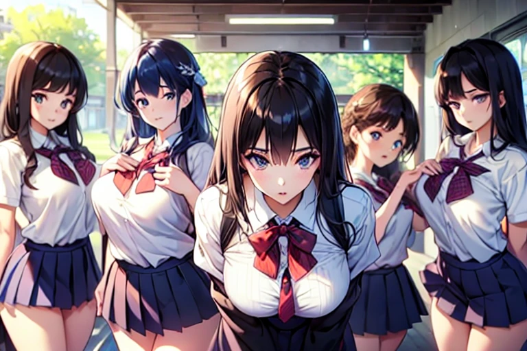 5+girls,cowboyshot,pov,beautiful detailed eyes, detailed lips, long eyelashes, bright and vibrant colors, natural lighting,(best quality, 4k, highres), ultra-detailed, soft and smooth texture, no distractions, dreamlike sensation, slight bokeh effect,highlighting her figure,deformed and independented breasts,schooluniform,side by side,Different posing,surrounded by girls,(small breasts:1.3)