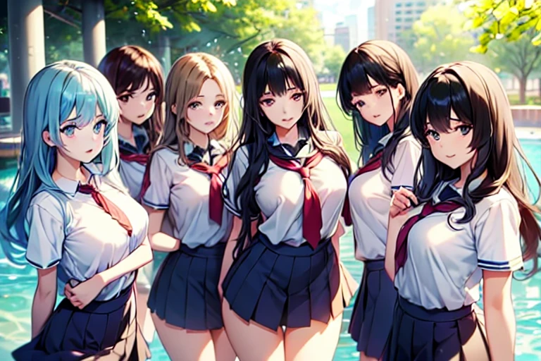 5+girls,cowboyshot,pov,beautiful detailed eyes, detailed lips, long eyelashes, bright and vibrant colors, natural lighting,(best quality, 4k, highres), ultra-detailed, soft and smooth texture, no distractions, dreamlike sensation, slight bokeh effect,highlighting her figure,deformed and independented breasts,schooluniform,side by side,Different posing,surrounded by girls,(small breasts:1.3)