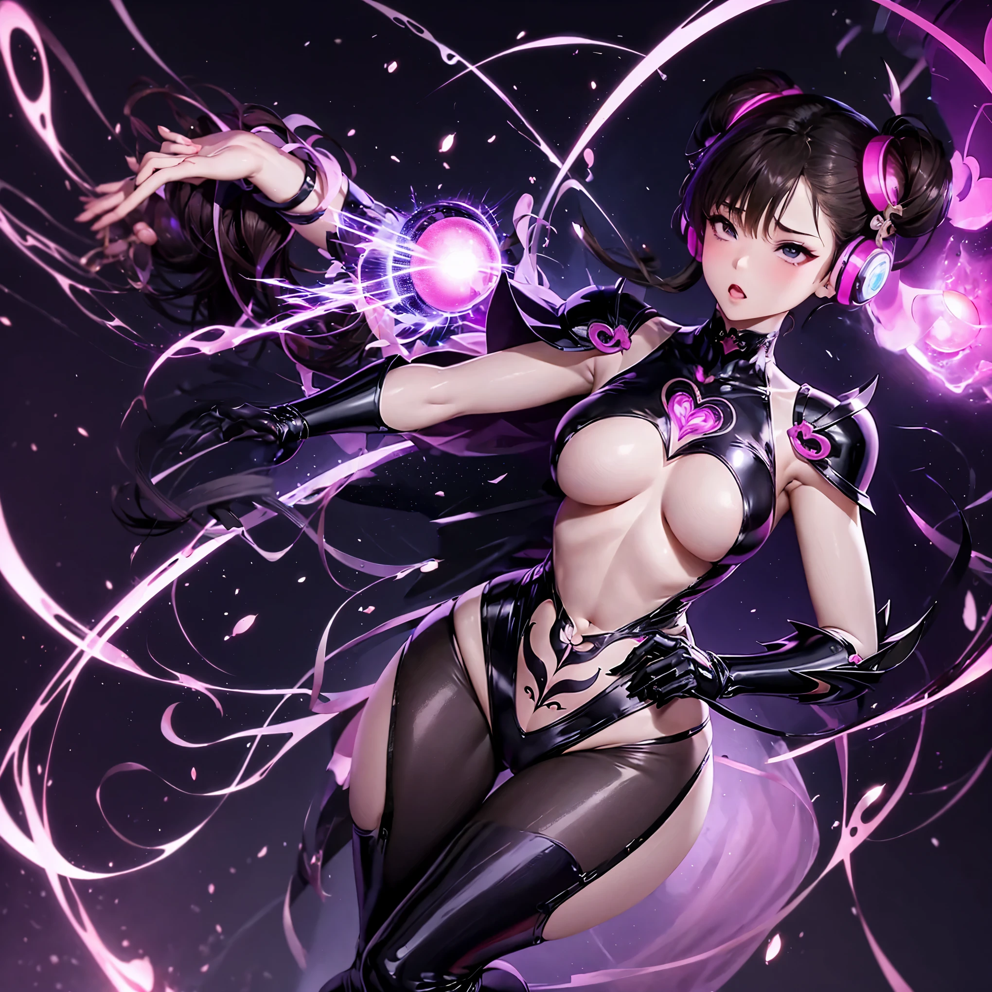 Chun-Li, brown hair, pink glow eye, dark costume, mind control, headphon, ahegao, lightning effect,