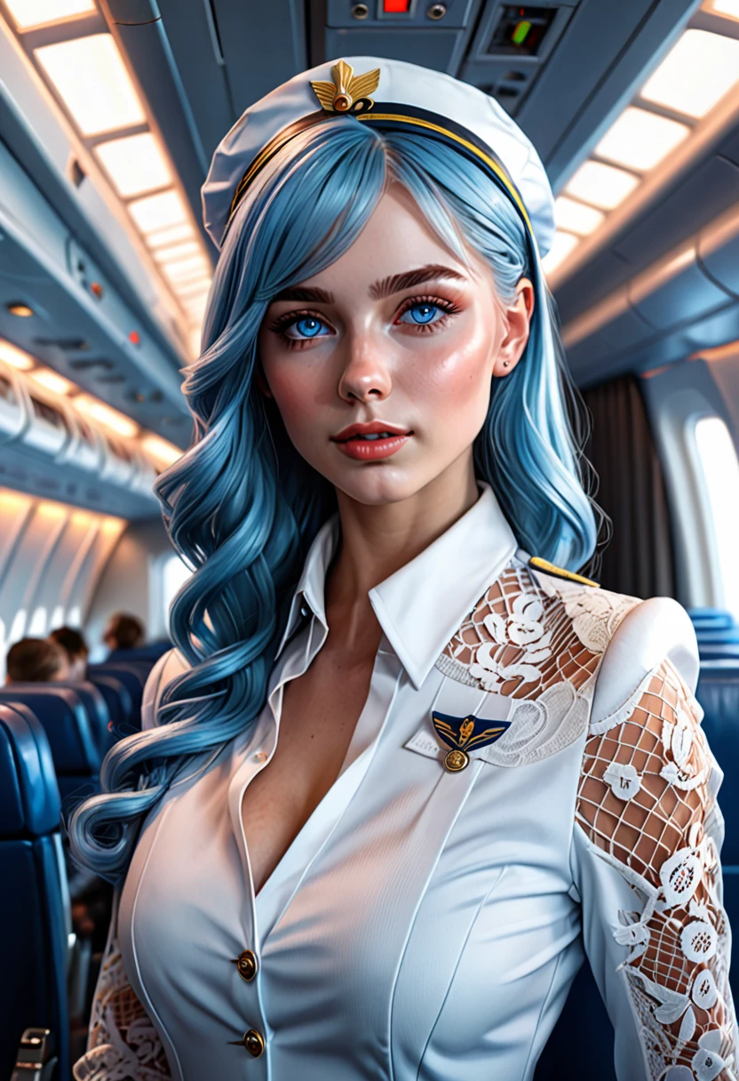 (masterpiece, best quality, photorealistic, Instagram photo,1 girl, sexy girl, beautiful girl, young lady, solo, Realism, natural light, ray tracing, Subsurface scattering, high-resolution, realistic style, 8k , official art, aesthetic, high contrast, extreme detailed background, soothing tones, realistic, beautiful light blue eyes, beautiful sexy face, perfect face, detailed face, detailed hair, shiny skin, perfect skin, 20 years old:1.2), blush,(opening clothes:1.3), Thick long light blue hair, (wide shot:1.3),(breast,nipples,cleavage:1.3), (stewardess theme:1.5),walking with small luggage, (wearing white_light_blue_lace_flight_attendant uniform:1.3),1girl,Breasts