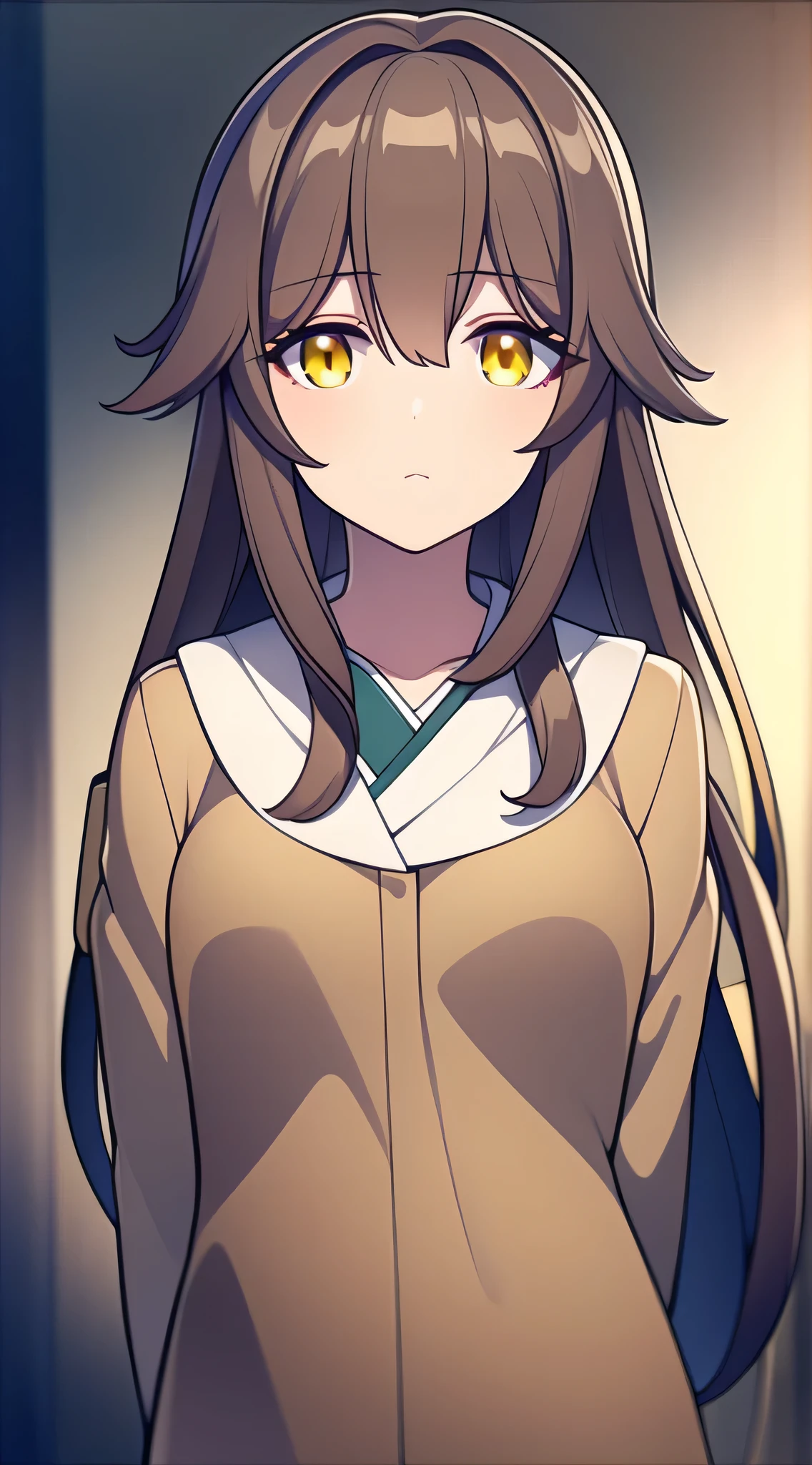 otonari-san, brown hair, long hair, yellow eyes, small breast, laboratory coat, standing, cute smile, visual novel cg style, BREAK looking at viewer, BREAK (masterpiece:1.2), best quality, high resolution, unity' 8k wallpaper, (illustration:0.8), (beautiful detailed eyes:1.6), extremely detailed face, perfect lighting, extremely detailed CG, (perfect hands, perfect anatomy)