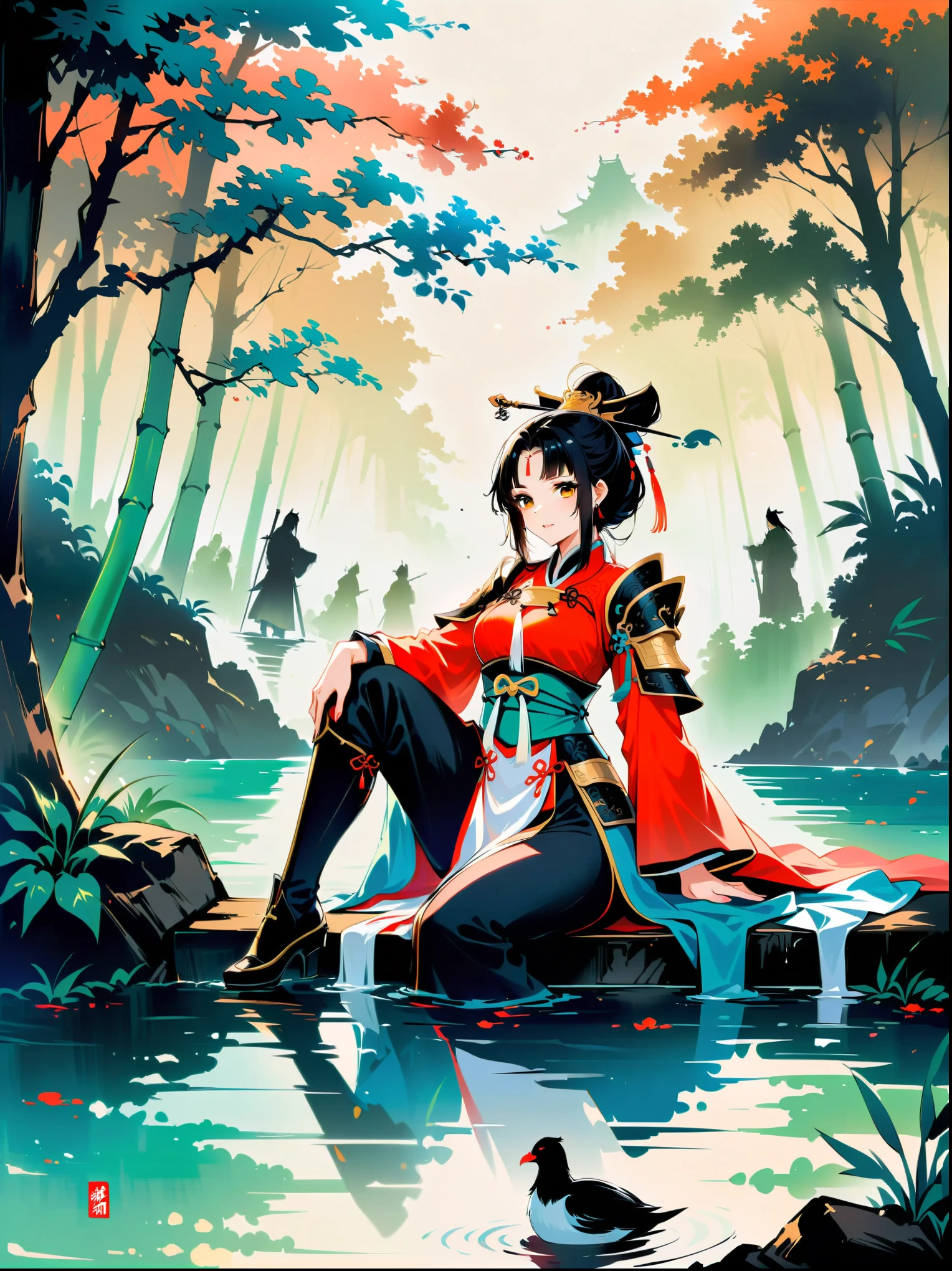 Ink painting，Female knight on the water，Wearing exquisite Chinese Tang Dynasty Ming Guang armor，A bamboo forest behind，sword，landscape，Ultra HD resolution，Freehand style，majestic，Natural light，Knight Focus