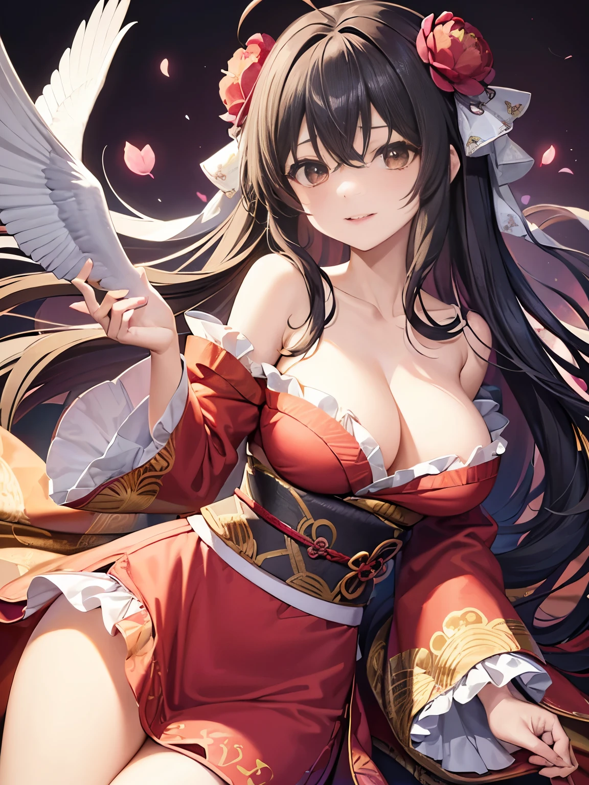 ryougi shiki (The Third Coming), (((highest quality))), ((Super detailed)), ((shape)), ((messy hair)), ((frills)), (1 girl), (alone),ryougi shiki (The Third Coming) Ahoge, alternative costume, Change the length of your hair, alternative hairstyles, bangs, bird, black hair, blue eyes, chest, brown eyes, 桜のflower, clavicle, cleavage, crane (animal), woman, flower柄, flower, hair flower, hair ornaments, kimono, large chest, long hair, long sleeve, No bra, heart, off shoulder, parted bangs, peony print, flowerびら, pink clothes, red-crowned crane, ribbon, robe, Rose print, sash, smile, free,