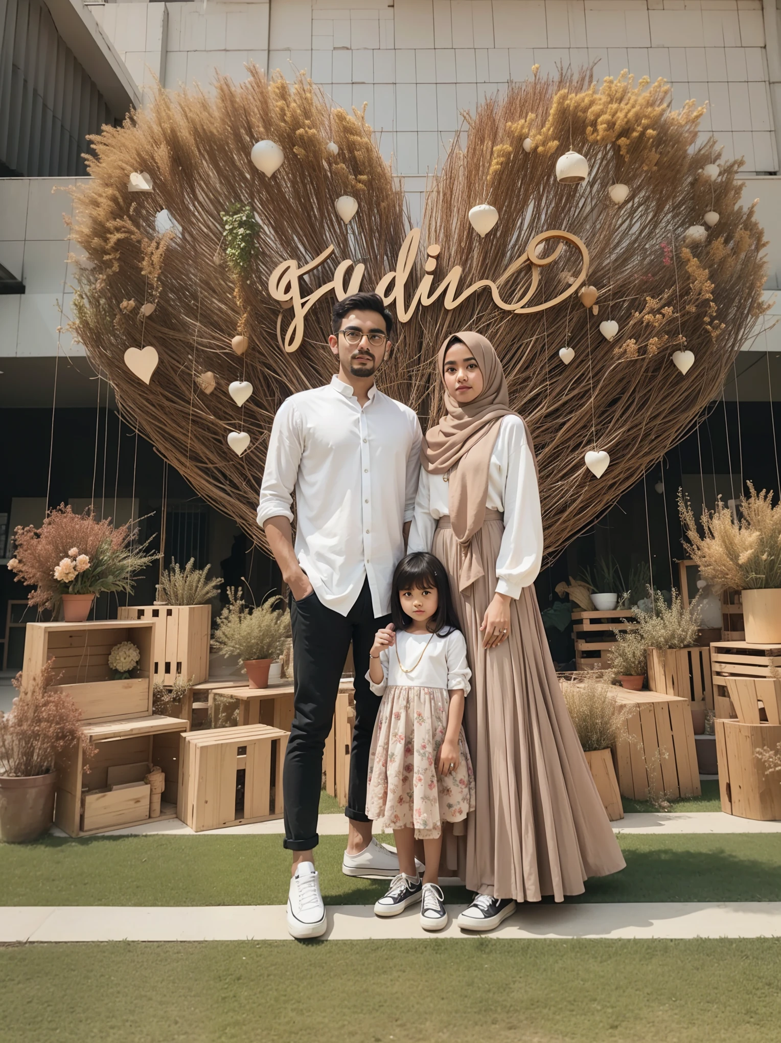 there is a man and woman standing next to a , inspired by Shaddy Safadi, taken at golden hour, happy family, shot on canon eos r5, shot on canon eos r 5, inspired by Fathi Hassan, raden saleh, an indonesian family portrait, shot with iphone 1 0, in front of white back drop