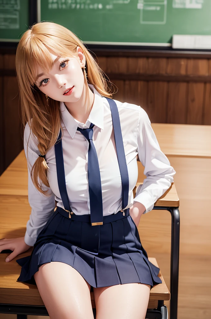 (reality: 1.4),highest quality, masterpiece, high detail, 16K quality, beautiful, 1 beautiful girl,japanese,super beautiful face,baby face,japanese idol face,cute face,super detailed face,detailed hand,beautiful skin,oily skin,big eyes,profeccional lighting,medium hair,blonde hair,brown beautiful eyes, big smile,standing, (skirt lift),big breasts,(sailor suit),(checked skirt),white panties,(showing panties),black high socks,spread legs, she is looking at the camera,classroom, nsfw,from below,