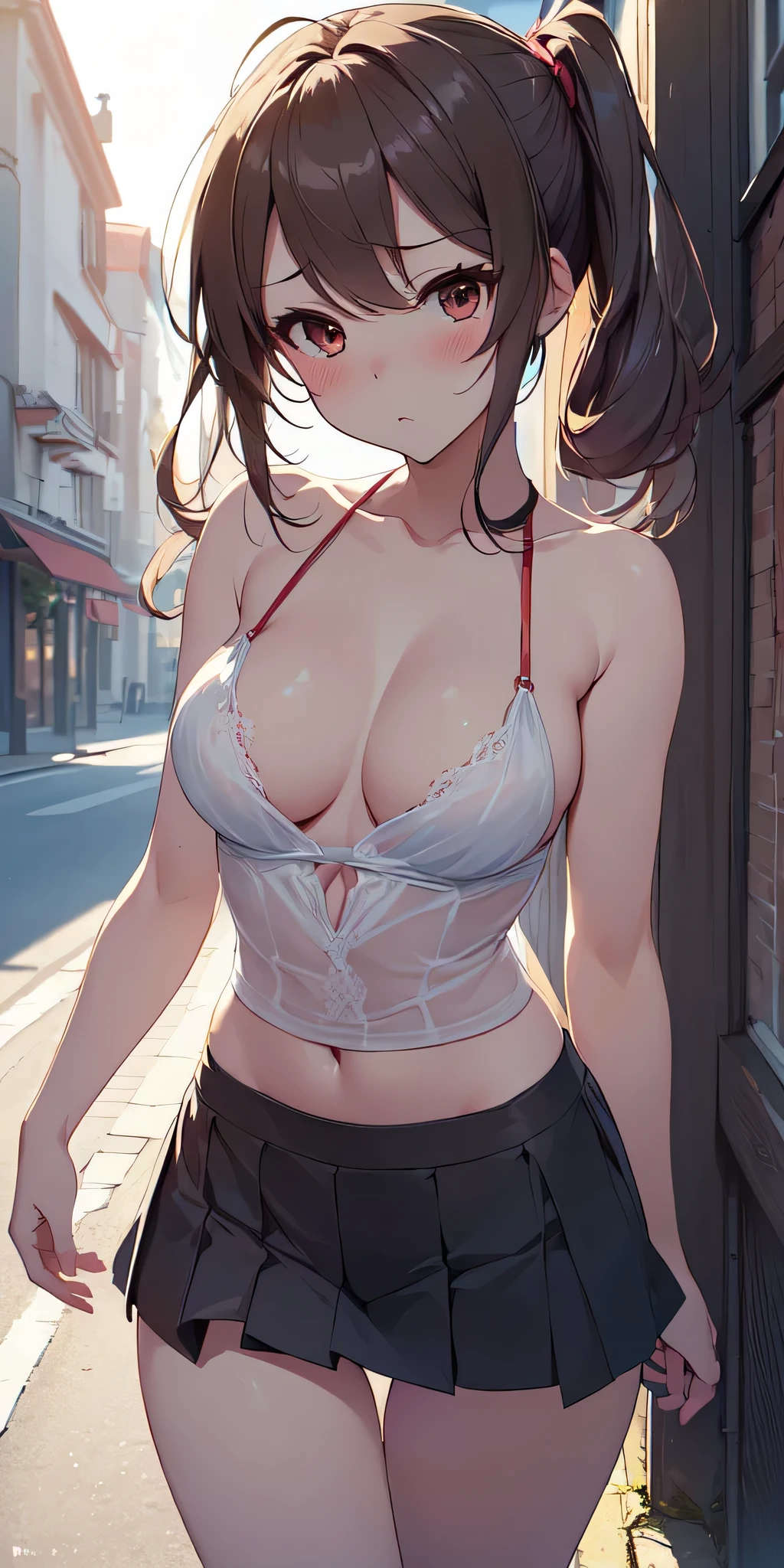 All intricate details: "(masterpiece, best quality, HuTao, 1girl, solo, blush, twintails, long hair, hair between eyes, ((very short street wear clothes)), city, outdoors, night, extremely detailed, firm , medium breastsh, high resolution, ultra quality, extremely thin and light clothing transparent as air, cinematic lighting, ambient occlusion, extremely detailed anime, 80% nude, Extremelde diamond neckline, all clothes unbuttoned and open, detailed faces, perfect composition, wide shot, atmospheric lighting, very sexy, lift skirt, dom low angle, uncensored, nsfw)