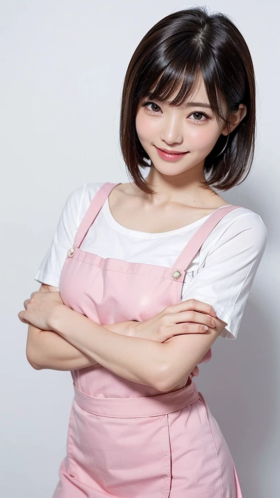 Beautiful woman、1 person for Japan、Very sexy body、Big breasts staring straight at the camera、sexy look、Coquettish smilee、Happy smilee、A slight smile、smile、skin luster、Big eyes、eye highlights、Clear double eyelids、eyelash、long neck、beautiful short hair、glossy black hair、bangs、on a pure white background、no background、Please show your ears、beautiful skin quality、oil for skin、There is glitter on the skin、lotion to apply to the skin、cafe clerk、shirt、skirt、pinafore、apron