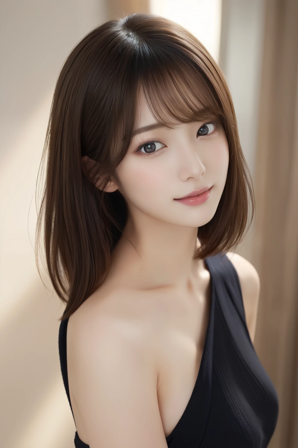 (​masterpiece:1.3), (8K, Photorealsitic, Raw photography, Top image quality: 1.4), japanes, (1girl in), beauitful face, (Lifelike face), (A dark-haired, short-hair:1.3), Beautiful hairstyle, realisticeyes, Eyes in Beautiful Details, (real looking skin), Beautiful skins, enticing, 超A high resolution, A hyper-realistic, high detailing, the golden ratio, prety woman:1.4、light brown hair、top-quality、​masterpiece、超A high resolution、(Photorealsitic:1.4)、Highly detailed and professional lighting smile、Loose and light knitwear、Shoulder out、slender、serious facial expression、Longhaire、Fatal position、Nogizaka Idol、korean idol、hposing Gravure Idol、、25-years old、tall, Glamour、flank、(age19:1.5),