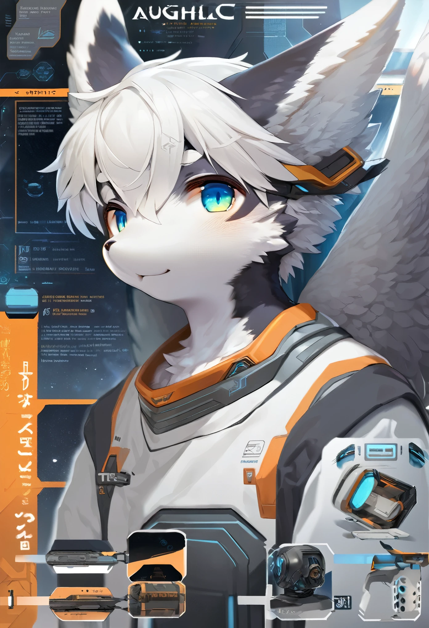 ((masterpiece)), (ultra detailed), (best quality), detailed background, (style of Science Fiction), (concept art, character sheet), game package, absurdres(highly detailed beautiful face and eyes)perfect anatomy(angelic handsome boy, kemono, )(furry anthro),