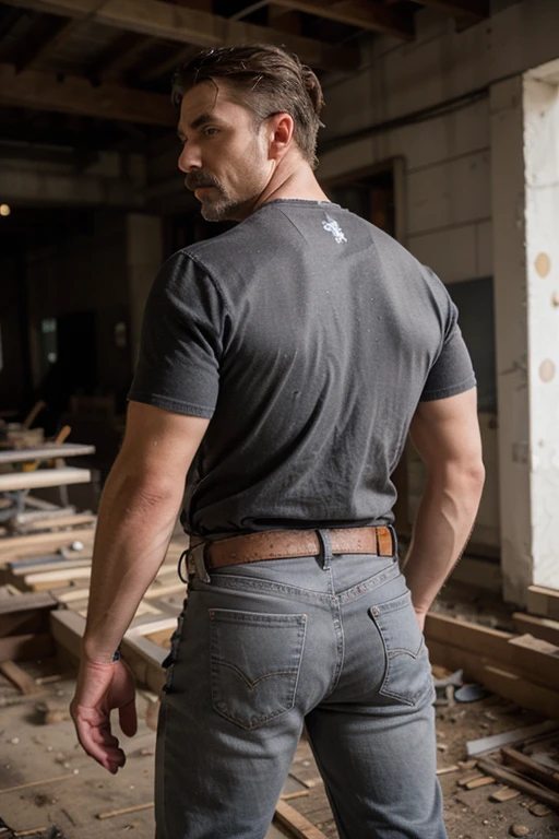 realistic photo of muscular and masculine man construction worker, 40 years old, full body, mustache, detailed face. . tigth metal brilliant gray jeans .backside