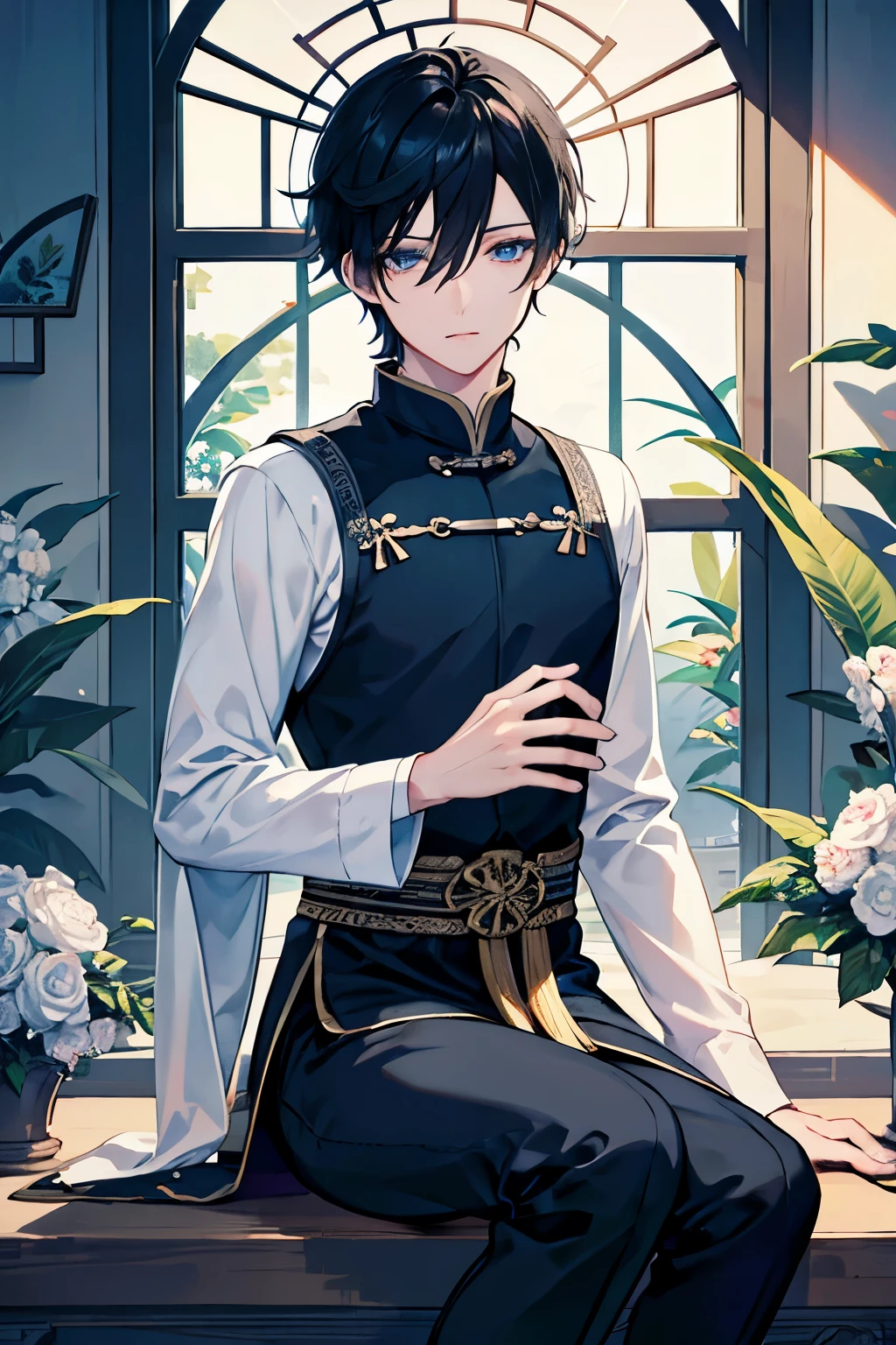 male black hair blue eyes pants cutter boots Chinese style greenhouse birdcage Spring flower masterpiece Highest image quality noise removal clear parts cinematic shadow Increases the attractiveness of the eyes clear parts the shine of the eyes draw eyelashes neatly perfect eyes detailed eyes sharpen image quality sharpen eye writing clear parts eye shape