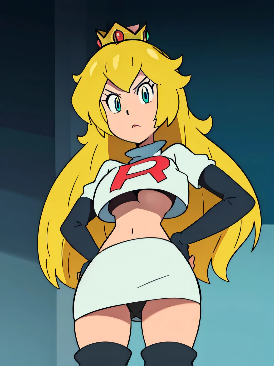 princess peach,blond hair, crown, very large breast,8k, masterpiece,highres,very large breast, team rocket uniform, red letter r, white skirt,white crop top,black thigh-high boots, black elbow gloves, glaring angrily, looking down at viewer, hands on hips, cowboy shot, zettai ryouiki,from below, black panties,anime style, vivid colors, sharp focus, intense lighting,