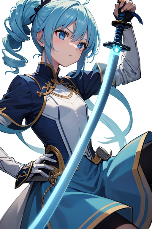 最high quality,very detailed,high quality,very detailed,masterpiece,super fine,ultra high resolution,超high quality,super delicate face,surreal,(1 person:1.2)、woman、(:1.5)、sky blue hair color、(Cute sky blue eyes)、(short:1.3)、flat chest 、 body shape、(twin drill hair:1.2)、serious face、Anime character with sword and armor、(holding a sword:1.2)、adventurer (whole body:1.3)、(white background:1.5)
