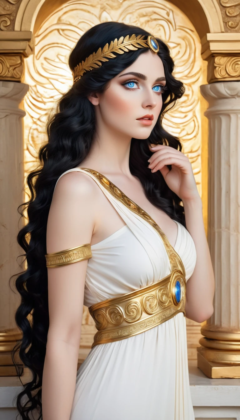 Beautiful Goddess Artemis, long black wavy hair, big blue eyes, long eyelashes, white skin, one-shoulder white dress in ancient Greek style, with golden ornaments, Greek style background.