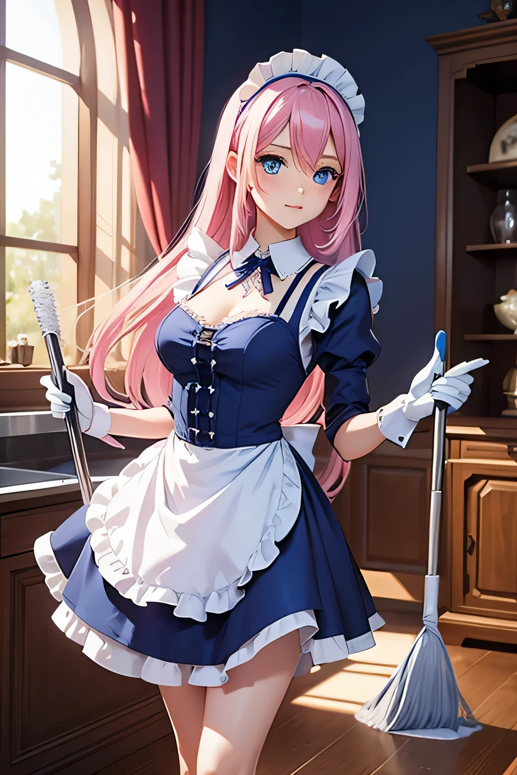 beautiful girl, slim hourglass frame, shimmering deep blue sapphire eyes, long flowing pink hair, fair skin, maid, maid dress, short maid dress, sexy maid dress, sexy, cleaning, doing chores, cleaning house