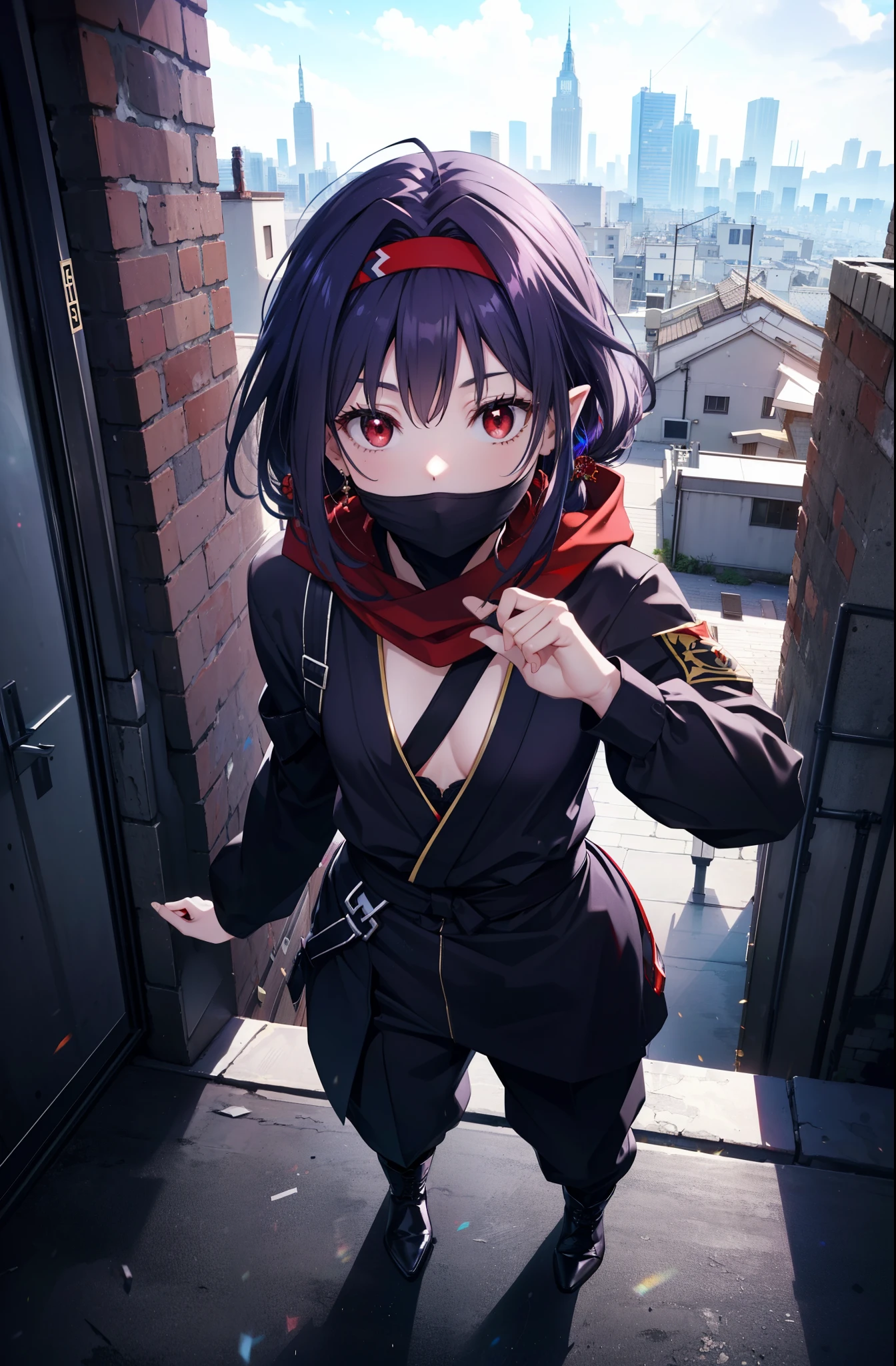 yuukikonno, Yuki Konno, hair band, long hair, pointed ears, purple hair, (red eyes:1.5), (small breasts:1.2),hooded,cover your mouth with a black scarf,strict,black ninja uniform,ninja,black ninja pants,boots,action pose,overlooking the city from the roof of a building,
break looking at viewer, Upper body, full body,
break outdoors ,Medieval European-style building,
break (masterpiece:1.2), highest quality, High resolution, unity 8k wallpaper, (shape:0.8), (fine and beautiful eyes:1.6), highly detailed face, perfect lighting, Very detailed CG, (perfect hands, perfect anatomy),