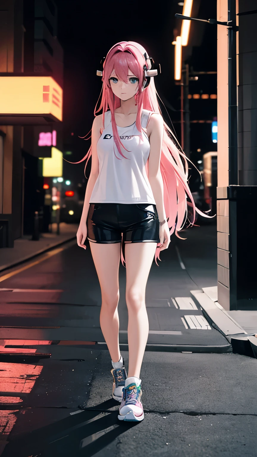 Beauty, headphones, pink hair, face forward, カメラ目線のBeauty, fluttering hair, standing facing the front, long hair, Wearing a white tank top, In the city of the future of outer space, neon light,Futureな高層building,illuminated,Future,cityscape, Like a spaceship flying through the sky,Contains interplanetary components, Like extraterrestrial green algae, shooting star sauce. high tech,innovative atmosphere,scene, bustling street, Future, anime, 2D, soldier,whole body,full body,shorts,landscape,building,Looking down from a high place,Futureな街,Flying objects,
