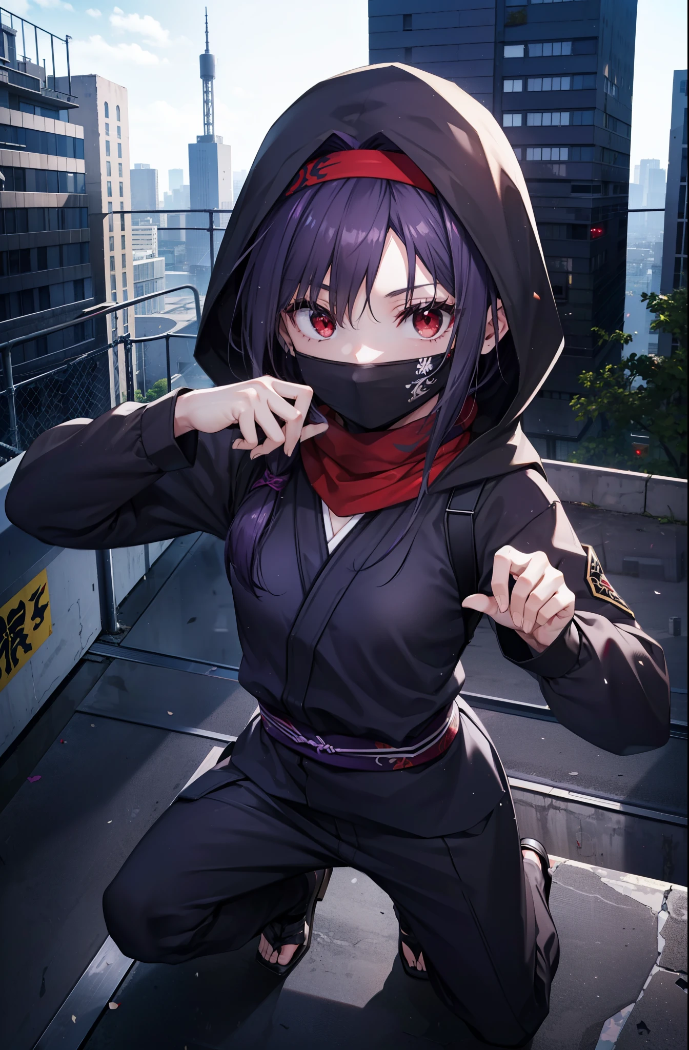 yuukikonno, Yuki Konno, hair band, long hair, pointed ears, purple hair, (red eyes:1.5), (small breasts:1.2),hooded,cover your mouth with a black scarf,strict,black ninja uniform,ninja,black ninja pants,boots,action pose,overlooking the city from the roof of a building,
break looking at viewer, Upper body, full body,
break outdoors ,Medieval European-style building,
break (masterpiece:1.2), highest quality, High resolution, unity 8k wallpaper, (shape:0.8), (fine and beautiful eyes:1.6), highly detailed face, perfect lighting, Very detailed CG, (perfect hands, perfect anatomy),