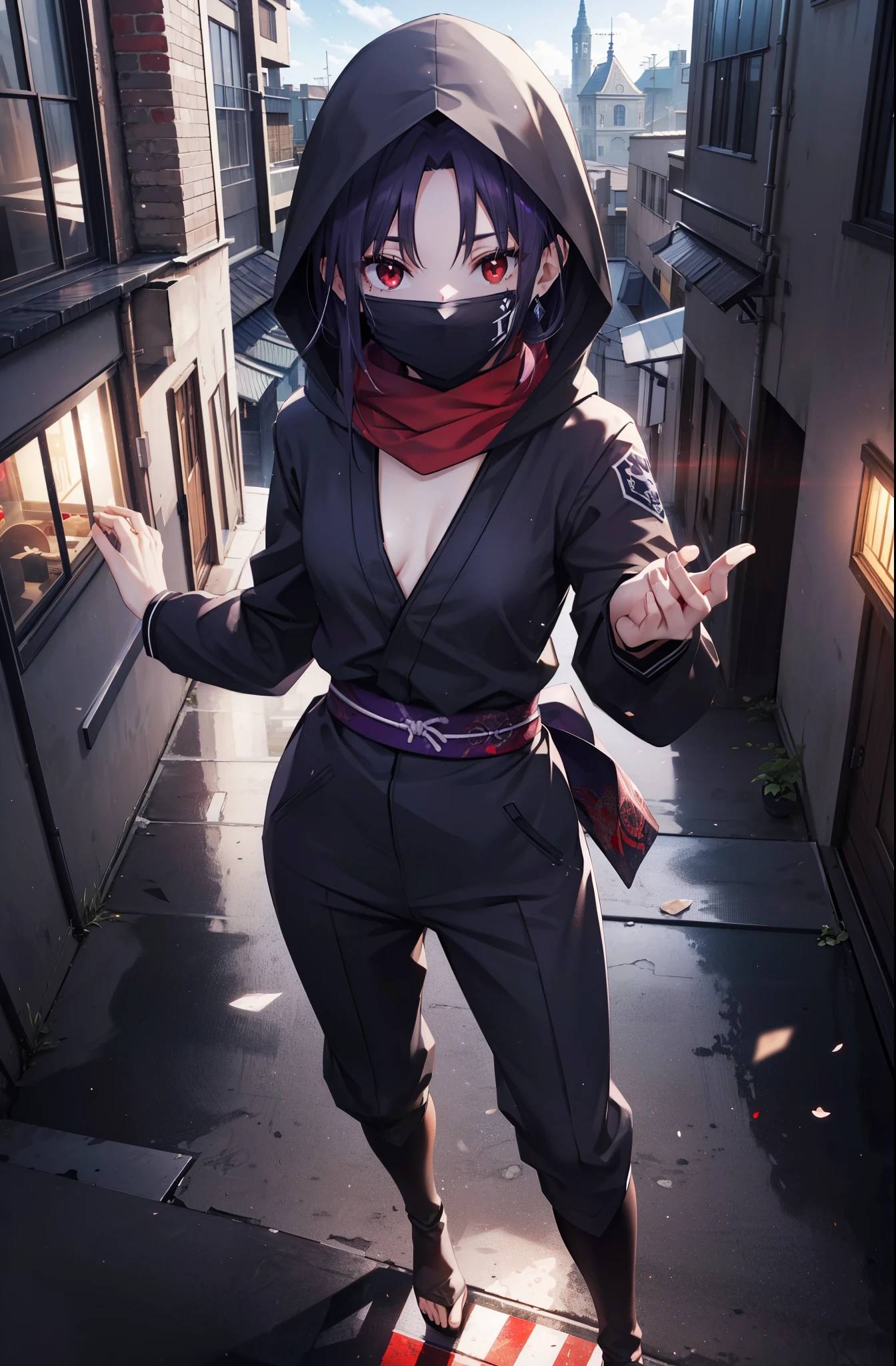 yuukikonno, Yuki Konno, hair band, long hair, pointed ears, purple hair, (red eyes:1.5), (small breasts:1.2),hooded,cover your mouth with a black scarf,strict,black ninja uniform,ninja,black ninja pants,boots,action pose,overlooking the city from the roof of a building,
break looking at viewer, Upper body, full body,
break outdoors ,Medieval European-style building,
break (masterpiece:1.2), highest quality, High resolution, unity 8k wallpaper, (shape:0.8), (fine and beautiful eyes:1.6), highly detailed face, perfect lighting, Very detailed CG, (perfect hands, perfect anatomy),