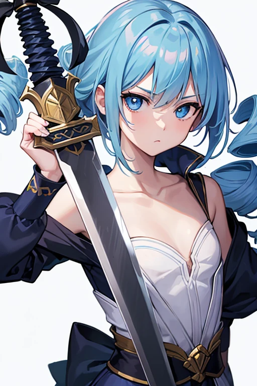 最high quality,very detailed,high quality,very detailed,masterpiece,super fine,ultra high resolution,超high quality,super delicate face,surreal,(1 person:1.2)、woman、(:1.5)、sky blue hair color、(Cute sky blue eyes)、(short:1.3)、flat chest 、 body shape、(twin drill hair:1.2)、serious face、Anime character with sword and armor、(holding a sword:1.2)、adventurer (whole body:1.3)、(white background:1.5)