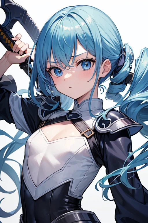 最high quality,very detailed,high quality,very detailed,masterpiece,super fine,ultra high resolution,超high quality,super delicate face,surreal,(1 person:1.2)、woman、(:1.5)、sky blue hair color、(Cute sky blue eyes)、(short:1.3)、flat chest 、 body shape、(twin drill hair:1.2)、serious face、Anime character with sword and armor、(holding a sword:1.2)、adventurer　(whole body:1.3)、(white background:1.5)