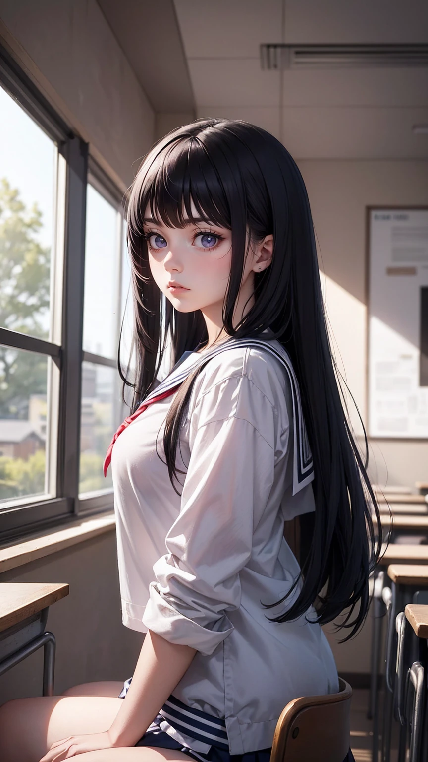 asterpiece, best quality,realistic,(realskin:1.5),1girl,school,longhair,no_bangs, side_view,looking at viewer,school uniform,realskin softlight