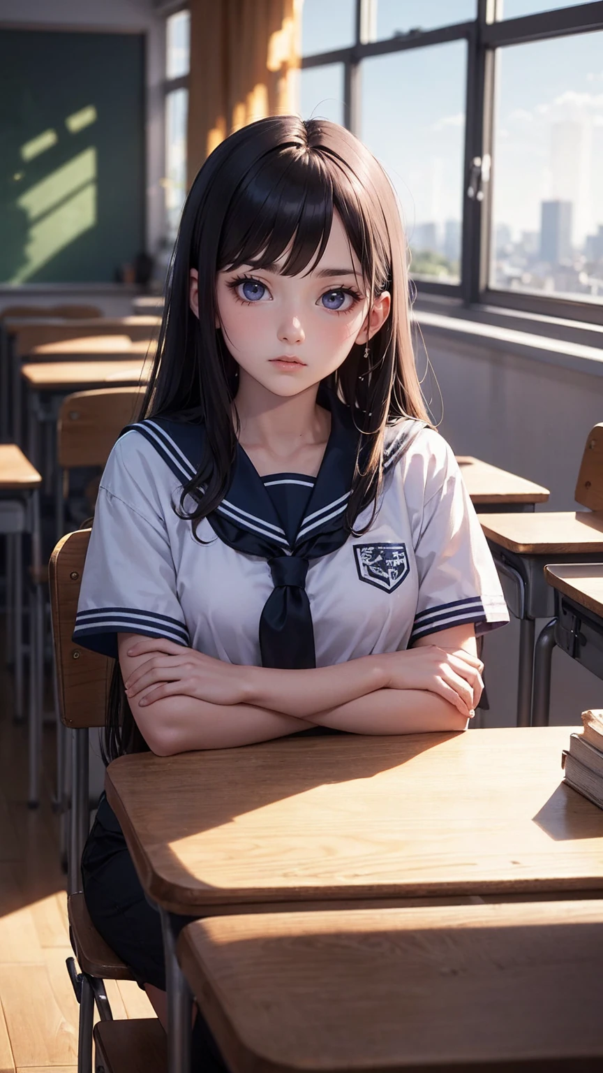 A man wearing a sailor suit、Eighteen-year-old young woman with long purple hair sitting in the classroom (school 1.5 in the background) (Serious expression, cold 1.5) (best quality: 1.1) (masterpiece: 1.3) with an unparalleled masterpiece, Surreal 8K, perfect work of art, Super details, best quality, masterpiece 4K wallpaper aesthetics, masterpiece, Award-winning artwork, official art, movie lighting