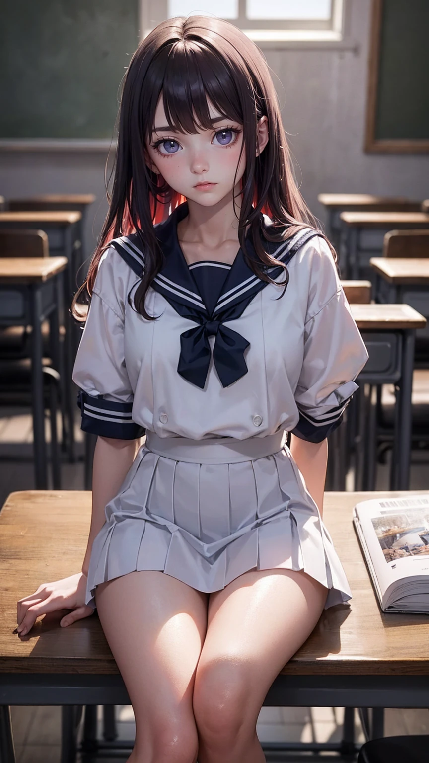 A man wearing a sailor suit、Eighteen-year-old young woman with long purple hair sitting in the classroom (school 1.5 in the background) (Serious expression, cold 1.5) (best quality: 1.1) (masterpiece: 1.3) with an unparalleled masterpiece, Surreal 8K, perfect work of art, Super details, best quality, masterpiece 4K wallpaper aesthetics, masterpiece, Award-winning artwork, official art, movie lighting