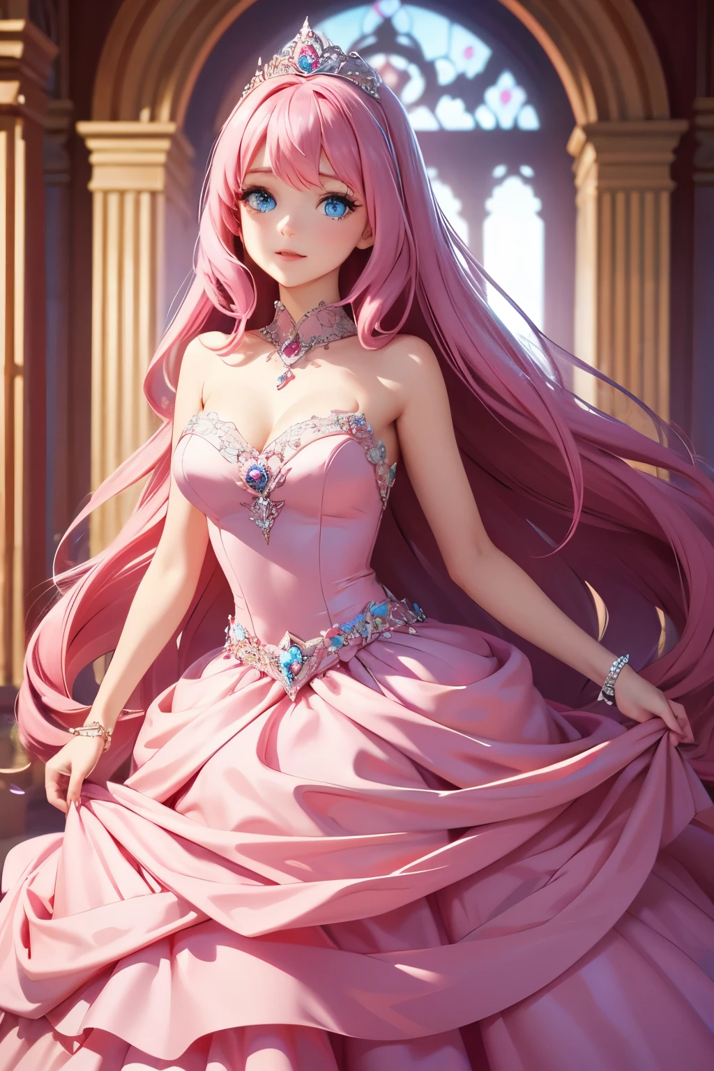 beautiful girl, slim hourglass frame, shimmering deep blue sapphire eyes, long flowing pink hair, fair skin, ball gown, in pink ballgown, at ball, long pink dress, princess, princess dress
