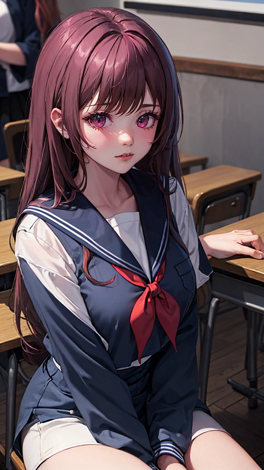 A man wearing a sailor suit、Eighteen-year-old young woman with long purple hair sitting in the classroom (school 1.5 in the background) (Serious expression, cold 1.5) (best quality: 1.1) (masterpiece: 1.3) with an unparalleled masterpiece, Surreal 8K, perfect work of art, Super details, best quality, masterpiece 4K wallpaper aesthetics, masterpiece, Award-winning artwork, official art, movie lighting