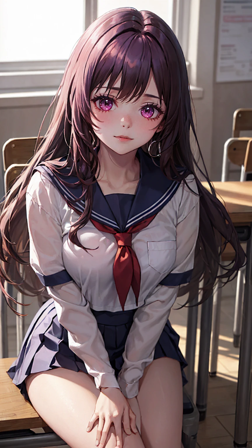 A man wearing a sailor suit、Eighteen-year-old young woman with long purple hair sitting in the classroom (school 1.5 in the background) (Serious expression, cold 1.5) (best quality: 1.1) (masterpiece: 1.3) with an unparalleled masterpiece, Surreal 8K, perfect work of art, Super details, best quality, masterpiece 4K wallpaper aesthetics, masterpiece, Award-winning artwork, official art, movie lighting