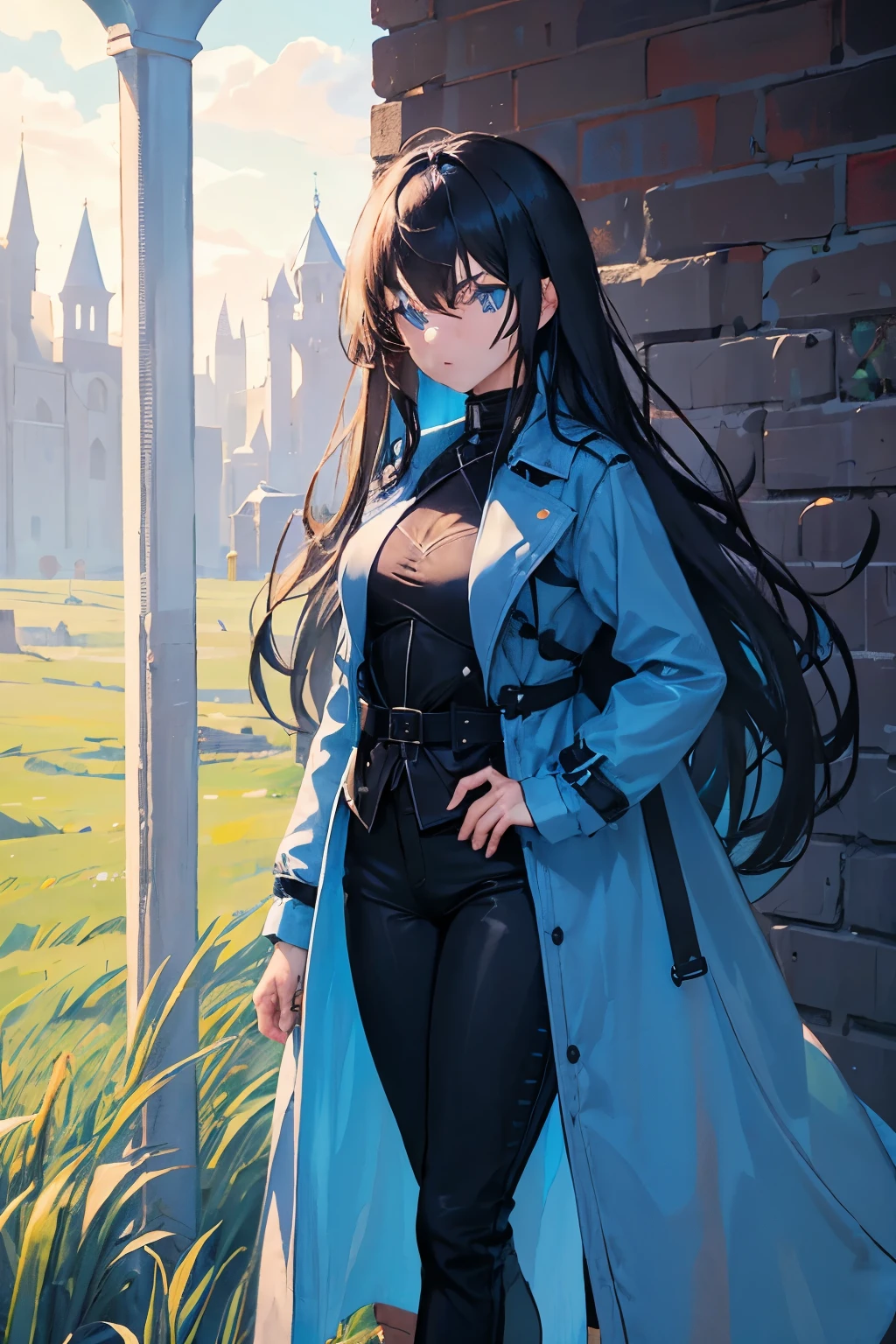 1girl, Black straight long hair, Blue eyes, (Detailed face), Full body, ((intense Blue trench coat)), medieval, (Grasslands bakcground), masterpiece, black pants, (cute face)