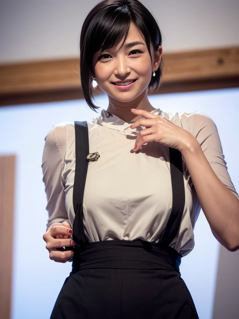 Beautiful woman、1 person for Japan、Very sexy body、Big breasts staring straight at the camera、sexy look、Coquettish smilee、Happy smilee、A slight smile、smile、skin luster、Big eyes、eye highlights、Clear double eyelids、eyelash、long neck、beautiful short hair、glossy black hair、bangs、on a pure white background、no background、Please show your ears、beautiful skin quality、oil for skin、There is glitter on the skin、lotion to apply to the skin、cafe clerk、shirt、skirt、pinafore、apron