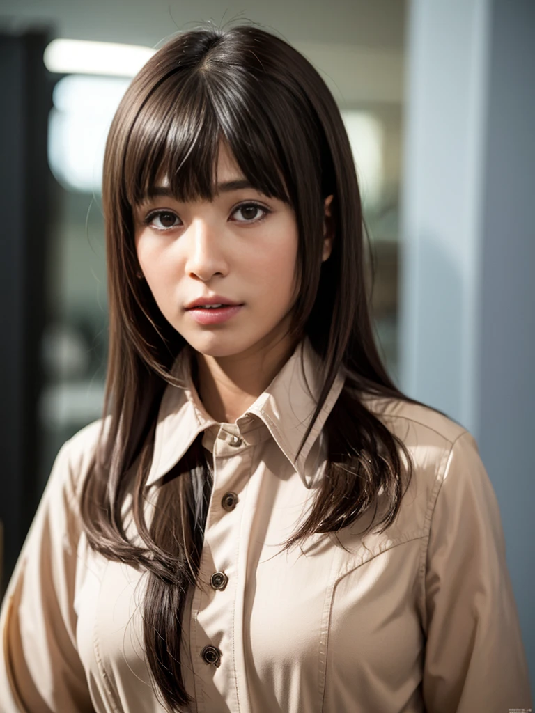 (realistic:1.4), (highest quality:1.0), (ultra high resolution:1.0), 8K, Raw photo, (masterpiece:0.2), Upper body, suit, shirt, Zaid G, 1 girl, detailed face, looking at the viewer, brown eyes, (long hair with bangs:1.2), (medium breasts:1.0), (big areola:0.8), (face to face with the children_V1:0.5)