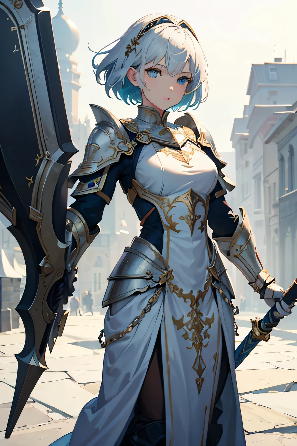 best quality, masterpiece, highres, 1girl, short white hair, Beautiful face, green eyes, upon_body, white tabard with blue trim, over silver chain mail armor, wielding a mace and shield, rim lighting, two tone lighting,(high detailed skin:1.2), 8k uhd, dslr, soft lighting, high quality, volumetric lighting, candid, high resolution, 4k, 8k, Bokeh