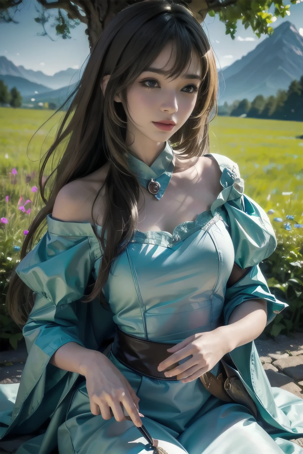 Arafed woman in a blue dress sitting on a bench in a field - SeaArt AI