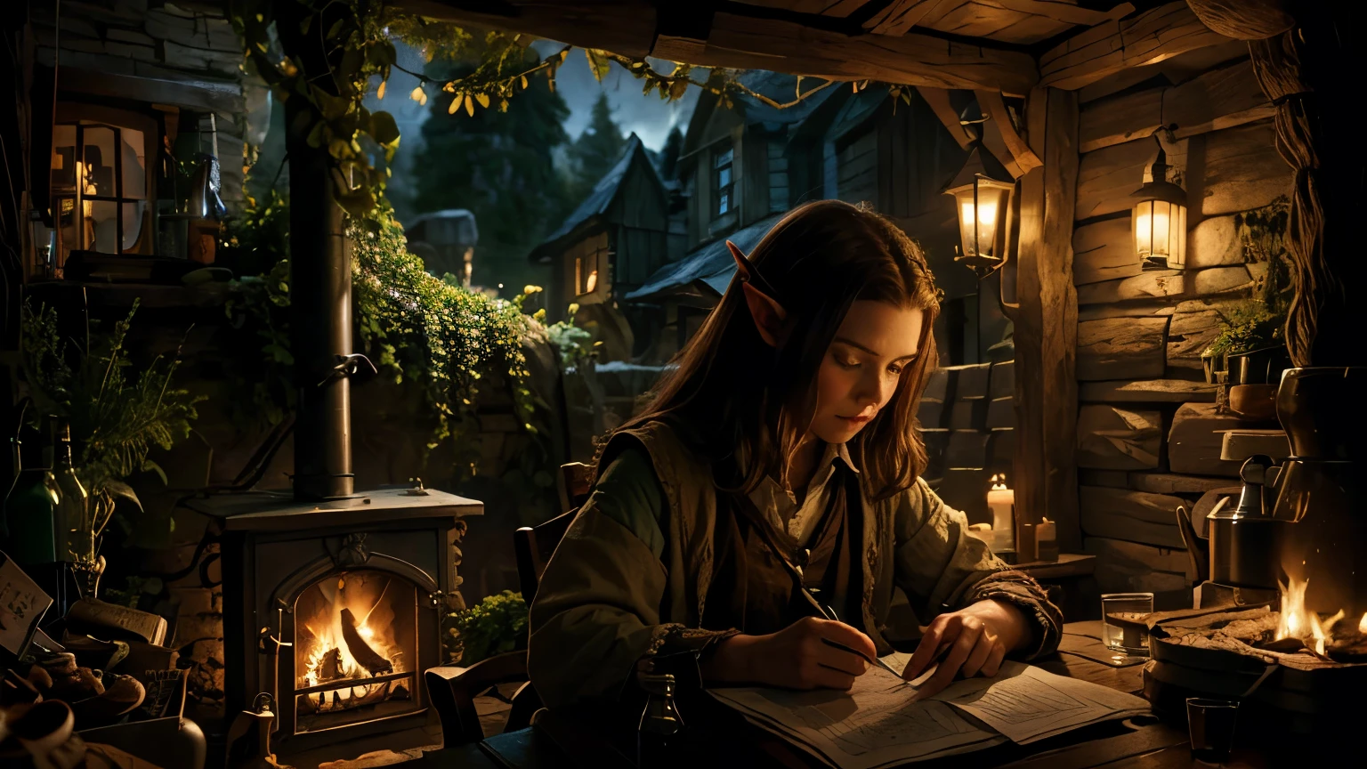 a hobbit tavern, hobbit medieval elf girl writting in a old paper, fireplce back