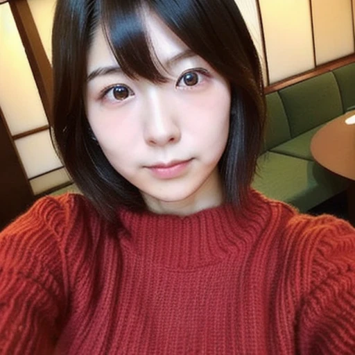 ((japanese woman:1.7))、low quality、(18-year-old:1.6)、black hair、((black eyes))、natural eyes、(Selfie style:1.5)、short hair、soft expression、red sweater、Western-style rooms in hotels、zoom、straight face、no makeup