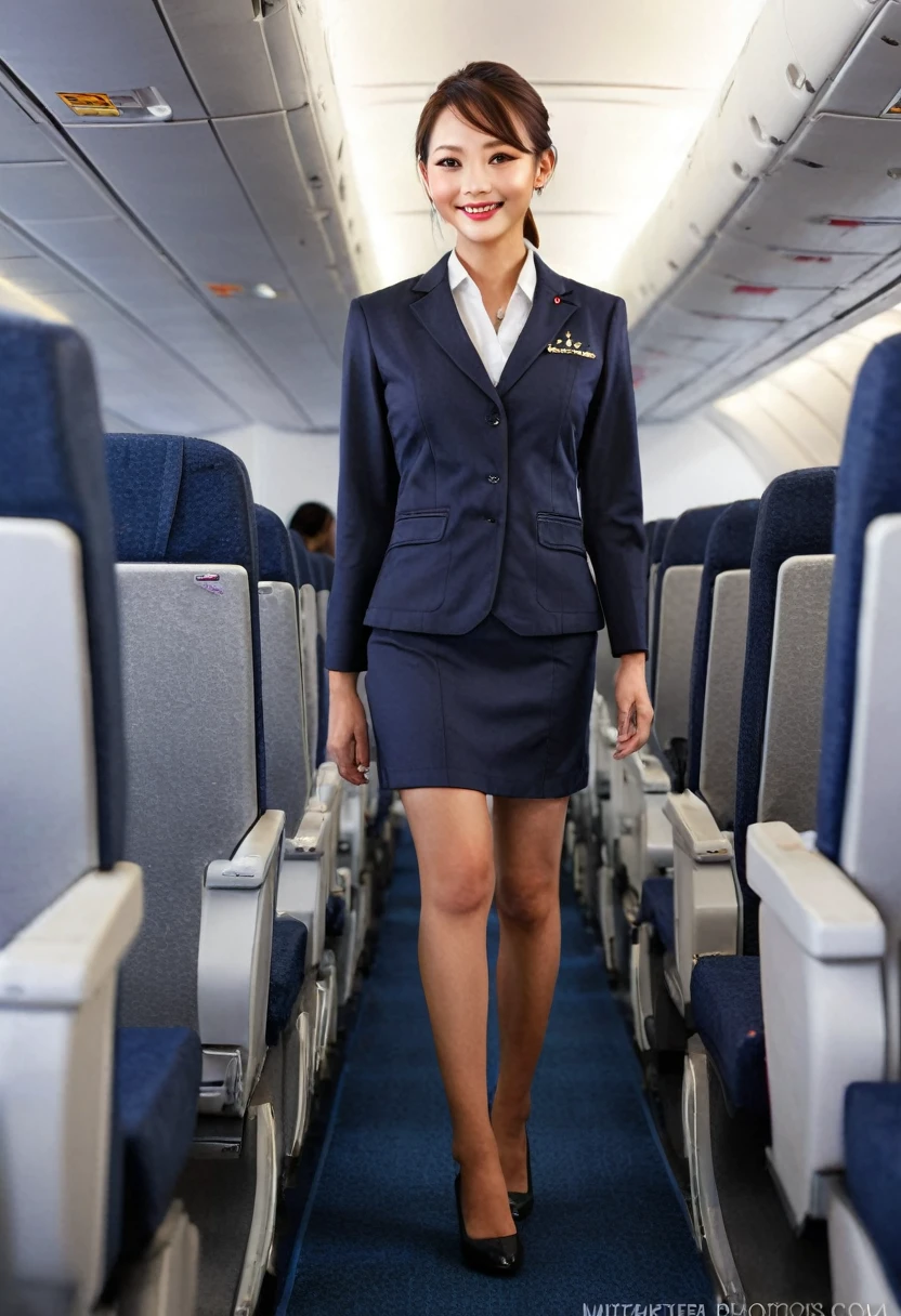 1 female, 40 years、very detailed顔、lip details、detailed eye、double eyelid、(black short hair，Please smile and walk down the aisle slowly.)、(stewardess uniform:1.2)、(slender body)、(flat chest),thighs thighs, that&#39;s right, perfect image realism, With background: (airplane business class aisle:1.2), cowboy shot, 詳細なWith background, detailed costume, perfect lighting、hyper realism、(Photoreal:1.4)、8K maximum resolution, (masterpiece), very detailed, Professional