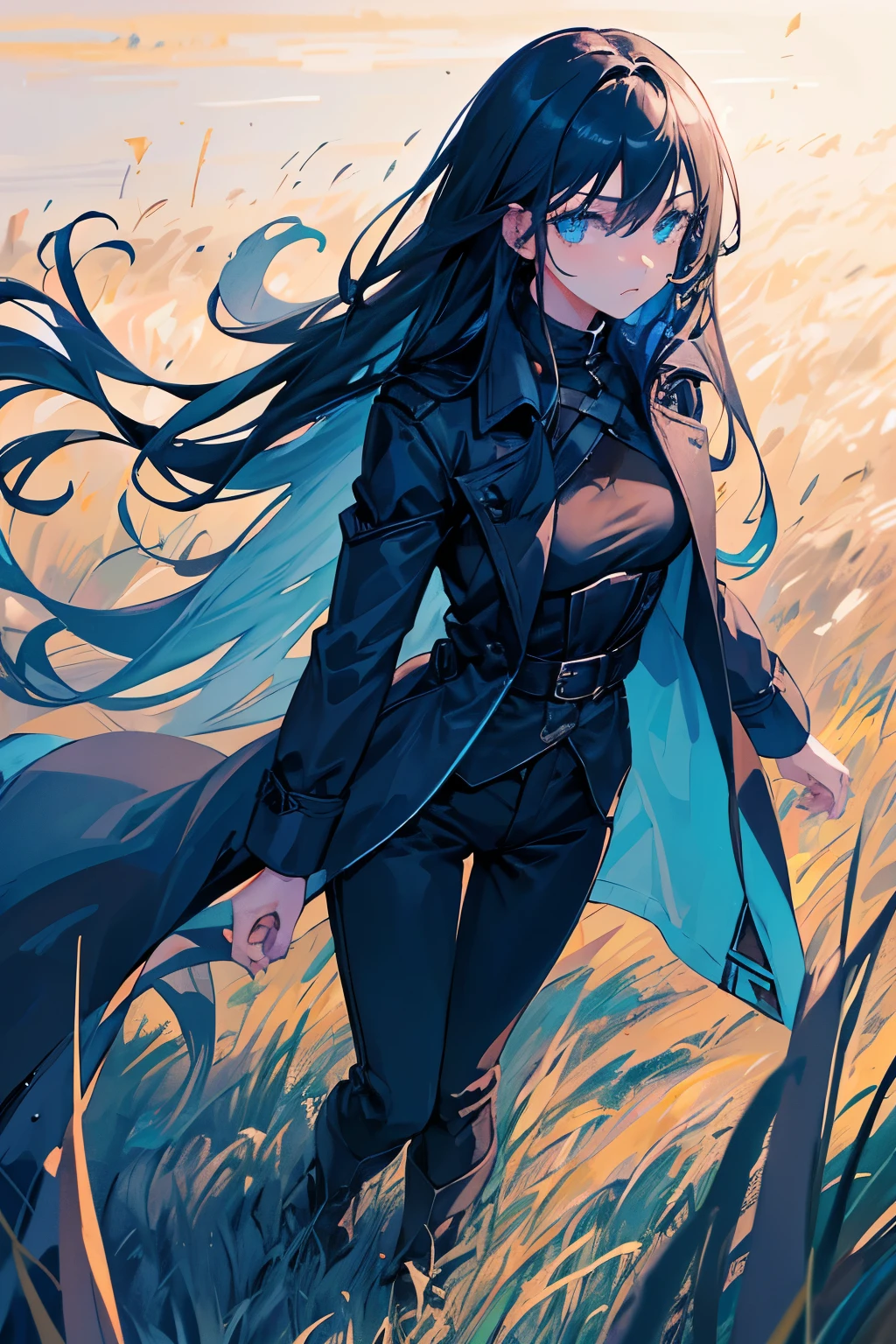 1girl, Black straight long hair, Blue eyes, (Detailed face), Full body, ((intense Blue trench coat)), medieval, (Grasslands bakcground), masterpiece, black pants, (cute face)