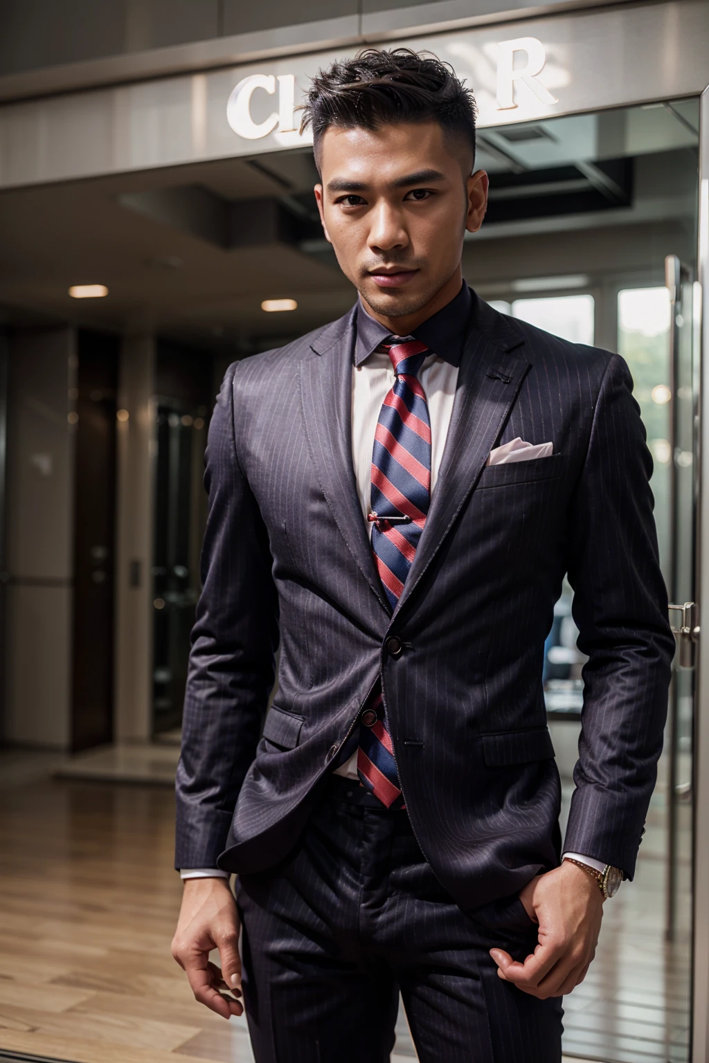 (Two men), (40ys asian handsome high fade hair hot gay men), in shiny pinstripes stripes sharp suit with silk tie, 8K, Ultra HD