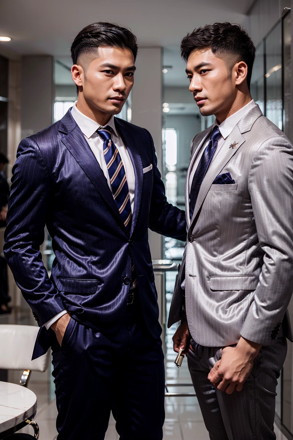 (Two men), (40ys asian handsome high fade hair hot gay men), in shiny pinstripes stripes sharp suit with silk tie, 8K, Ultra HD