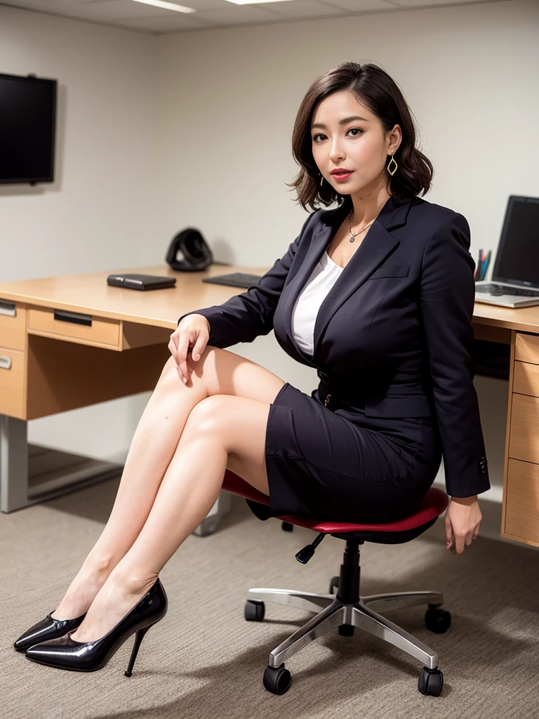 (masterpiece, 最high quality, high quality:1.4, 8K), sit cross-legged at your desk, office, bob hair, lipstick, compensate, ultra detail hair, super detailed face, perfect eyes, perfect face, earrings, pencil skirt, business wear, high heels, big breasts