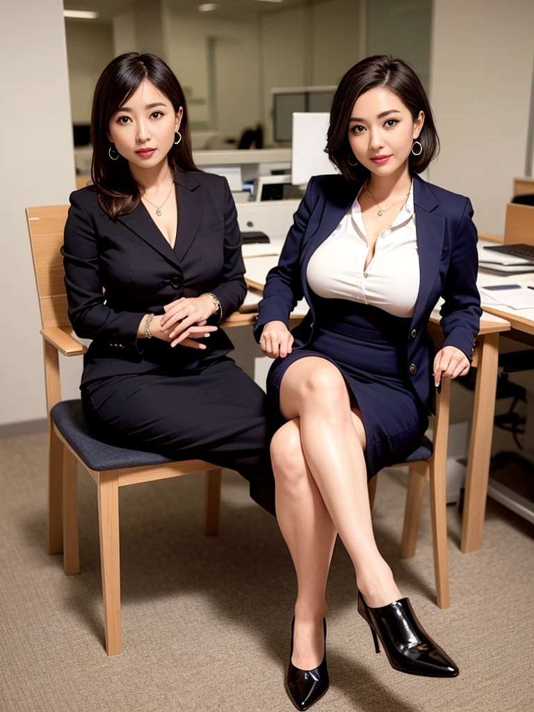 (masterpiece, 最high quality, high quality:1.4, 8K), sit cross-legged at your desk, office, bob hair, lipstick, compensate, ultra detail hair, super detailed face, perfect eyes, perfect face, earrings, pencil skirt, business wear, high heels, big breasts
