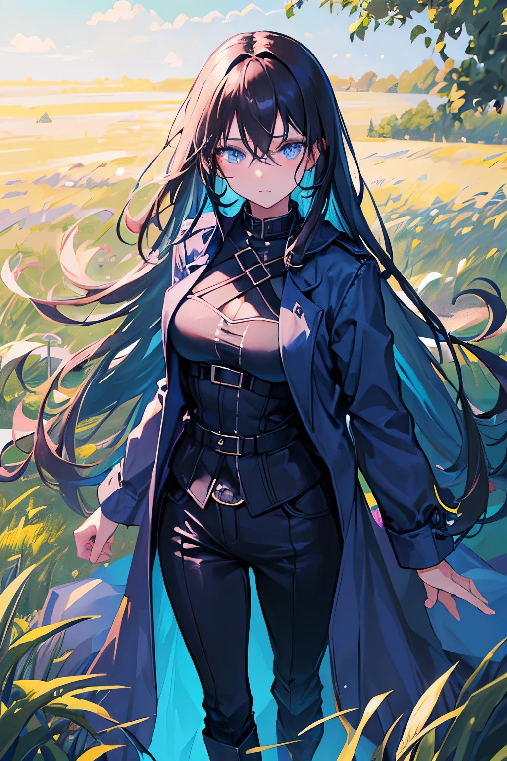 1girl, Black straight long hair, Blue eyes, (Detailed face), Full body, ((intense Blue trench coat)), medieval, (Grasslands bakcground), masterpiece, black pants, (cute face)