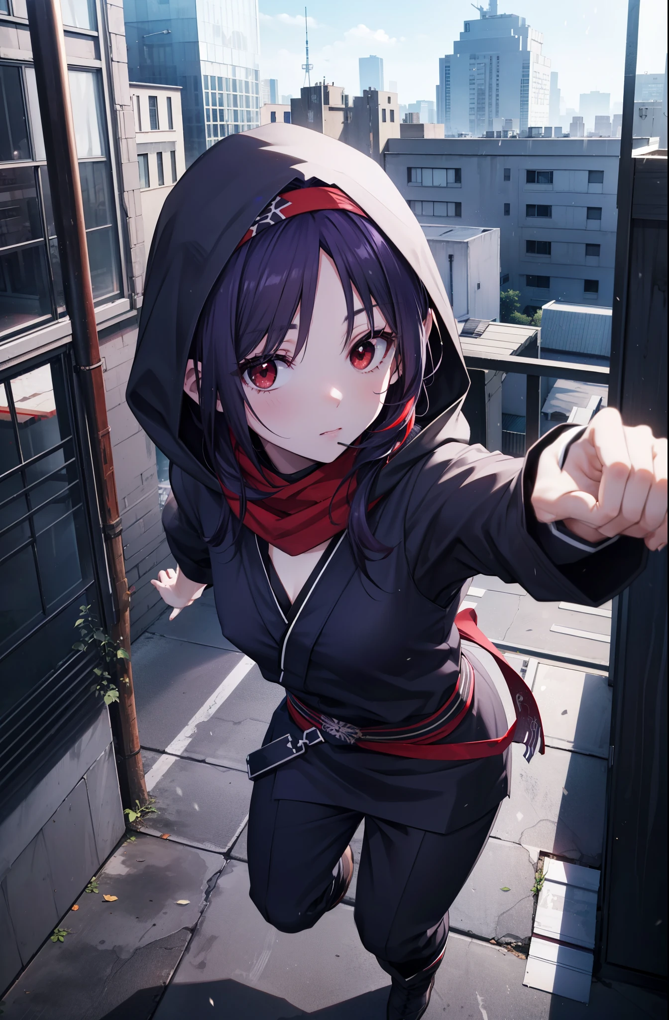 yuukikonno, Yuki Konno, hair band, long hair, pointed ears, purple hair, (red eyes:1.5), (small breasts:1.2),hooded,cover your mouth with a black scarf,strict,black ninja uniform,ninja,black ninja pants,short boots,action pose,overlooking the city from the roof of a building,
break looking at viewer, Upper body, full body,
break outdoors ,Medieval European-style building,
break (masterpiece:1.2), highest quality, High resolution, unity 8k wallpaper, (shape:0.8), (fine and beautiful eyes:1.6), highly detailed face, perfect lighting, Very detailed CG, (perfect hands, perfect anatomy),