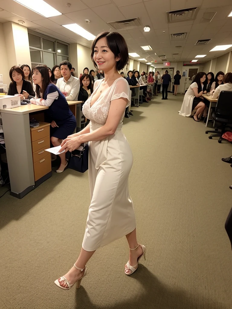 ((masterpiece))、((highest quality))、picture、reality、High level image quality、Advanced depth of field、super detailed、realistic lighting、office hallway、schedule、white dress、No sleeve、(walking towards us)、dark place、orange light、short hair、married woman、30 generations、delicate features、Realistic background and accessories、big breasts、No bra、valley、big ass、sensual smile、serious expression、Waiting with documents in hand、downward、