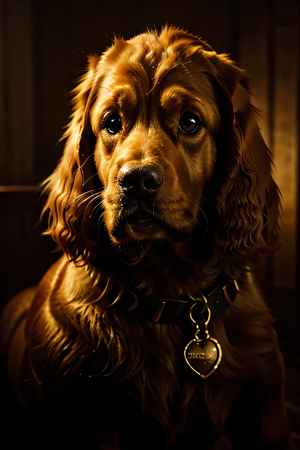 A portrait of a golden cocker spaniel in a dark setting in the style of American Far West artist Charles Russell.